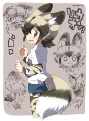 Rule 34 | &gt;:o, 10s, 1girl, :d, :o, ^^^, african wild dog, african wild dog (kemono friends), african wild dog print, animal, animal ears, animal print, ass, blonde hair, blush, border, bow, bowtie, breast pocket, brown eyes, brown hair, character name, collared shirt, cowboy shot, cropped legs, cropped torso, d:, denim, denim shorts, dog ears, dog tail, dot nose, eromame, fang, fingernails, flying sweatdrops, from behind, from side, grey background, hand up, hands up, kemono friends, layered sleeves, long sleeves, looking at viewer, looking away, looking back, motion lines, multicolored hair, multiple views, no nose, open mouth, outside border, pantyhose, pocket, print legwear, profile, rounded corners, sad, shirt, short hair, short over long sleeves, short shorts, short sleeves, shorts, sketch, smile, sparkle, sweat, tail, tareme, twitter username, two-tone hair, upper body, v-shaped eyebrows, white border, white shirt, wing collar