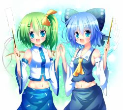 Rule 34 | 2girls, ascot, bare shoulders, blue eyes, blue hair, bow, cirno, cosplay, crop top, crop top overhang, daiyousei, detached sleeves, gohei, green hair, hair bow, hair ribbon, hakurei reimu, hakurei reimu (cosplay), kochiya sanae, kochiya sanae (cosplay), looking at viewer, midriff, multiple girls, navel, open mouth, osashin (osada), ribbon, short hair, side ponytail, skirt, smile, snowflakes, touhou, wide sleeves, wings