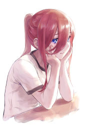 Rule 34 | 1girl, alternate hairstyle, bad id, bad twitter id, blue eyes, blush, brown hair, closed mouth, commentary request, go-toubun no hanayome, gym uniform, hair between eyes, hands on own cheeks, hands on own face, highres, ishiyuki, long hair, looking at viewer, nakano miku, ponytail, shirt, short sleeves, simple background, solo, white background, white shirt