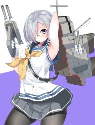 Rule 34 | 10s, 1girl, absurdres, arm behind head, arm up, armpits, bad id, bad pixiv id, belt, bespectacled, black pantyhose, blouse, blue eyes, breasts, buttons, cannon, glasses, gloves, grey skirt, gun, hair ornament, hair over one eye, hairclip, hamakaze (kancolle), highres, holding, holding gun, holding weapon, kantai collection, looking at viewer, machinery, nebusoku, neckerchief, pantyhose, pleated skirt, rimless eyewear, school uniform, serafuku, shirt, short hair, short sleeves, silver hair, skirt, solo, turret, weapon, white gloves, white shirt, yellow neckerchief