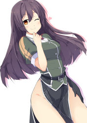 Rule 34 | 10s, 1girl, black hair, breasts, brown eyes, brown hair, chikuma (kancolle), elbow gloves, gloves, hand on own chin, heart, kantai collection, long hair, looking at viewer, one eye closed, pelvic curtain, sasakura, smile, solo, white background, wink