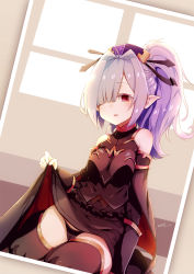 Rule 34 | 1girl, bare shoulders, black cape, black dress, black panties, black thighhighs, braid, breasts, cameltoe, cape, commentary request, detached sleeves, dress, dutch angle, granblue fantasy, hair over one eye, harvin, hat, highres, khibiki, long hair, long sleeves, looking at viewer, medium breasts, multicolored cape, multicolored clothes, niyon (granblue fantasy), panties, parted lips, pointy ears, ponytail, purple hair, purple hat, red cape, red eyes, sitting, sleeveless, sleeveless dress, smile, solo, thighhighs, underwear