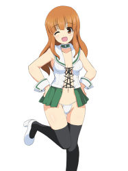 Rule 34 | 10s, 1girl, adapted uniform, black thighhighs, blunt bangs, breasts, choker, cleavage cutout, clothing cutout, commentary request, cross-laced clothes, girls und panzer, green choker, green skirt, hands on own hips, high heels, leg up, long hair, looking at viewer, medium breasts, meme attire, microskirt, navel, one eye closed, ooarai school uniform, open clothes, open mouth, open skirt, orange eyes, orange hair, ouhashi, panties, sailor collar, school uniform, shirt, shoes, simple background, skirt, sleeveless, sleeveless shirt, smile, solo, standing, standing on one leg, string panties, takebe saori, thighhighs, underwear, white background, white footwear, white panties, wrist cuffs