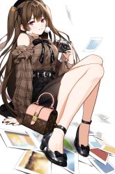 Rule 34 | 1girl, arm support, bag, bare shoulders, belt, beret, black bow, black bowtie, black hat, black skirt, blush, bow, bowtie, brown hair, brown shirt, camera, closed mouth, clothing cutout, earrings, handbag, hat, highres, holding, holding camera, jewelry, knees up, long hair, long sleeves, looking at viewer, mole, mole under eye, original, photo (object), pink eyes, pleated skirt, shirt, shoulder cutout, simple background, sitting, skirt, solo, twintails, water0889, white background