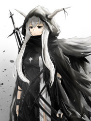 Rule 34 | 1girl, arknights, black cloak, black dress, black eyes, breasts, case, cloak, closed mouth, commentary, cowboy shot, demon horns, dress, gradient background, grey background, hair between eyes, holding, hood, hood up, hooded cloak, horns, long hair, looking at viewer, medium breasts, shining (arknights), silver hair, solo, staff, strap, thigh strap, thighs, uryu (uryu0329), white background, wrist wrap, wristband