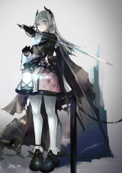 Rule 34 | 1girl, absurdres, arknights, black footwear, black gloves, black jacket, commentary request, gloves, grey eyes, grey hair, highres, holding, holding lantern, holding sword, holding weapon, irene (arknights), jacket, lantern, long hair, long sleeves, looking at viewer, pantyhose, rapier, sakusyo, shoes, signature, solo, sword, very long hair, weapon, white pantyhose