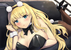 Rule 34 | 1girl, animal ears, ass, azur lane, bare shoulders, black leotard, blonde hair, blue eyes, bow, bowtie, breasts, cleavage, couch, cuff links, detached collar, fake animal ears, fake tail, full body, high heels, highres, huge breasts, indoors, leotard, long hair, looking at viewer, lying, nori aji, north carolina (azur lane), north carolina (the heart&#039;s desire) (azur lane), official alternate costume, on couch, on stomach, pantyhose, playboy bunny, rabbit ears, rabbit tail, solo, strapless, strapless leotard, tail, very long hair, wrist cuffs