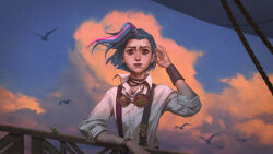 1girl arcane:_league_of_legends arcane_jinx arm_tattoo artist_name bird blue_hair bug cloud cloud_tattoo cloudy_sky commentary english_commentary evening highres jinx_(league_of_legends) league_of_legends multicolored_hair necklace_under_clothes orange_clouds pink_hair red_eyes seagull short_hair sky sleeves_rolled_up smile solo star_(sky) starry_sky streaked_hair tattoo upper_body wind wzy_art