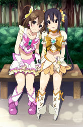 Rule 34 | 2girls, black hair, boots, bow, brooch, brown eyes, brown hair, cosplay, crop top, cure dream, cure dream (cosplay), cure sunshine, cure sunshine (cosplay), heart, heart brooch, heartcatch precure!, high heels, highres, hirasawa yui, jewelry, k-on!, knee boots, kotera (koterabyte), midriff, multiple girls, nakano azusa, navel, precure, shoes, yellow bow, yes! precure 5
