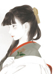 Rule 34 | 1girl, blunt bangs, colored skin, commentary request, floral print, from side, grey background, grey kimono, half updo, highres, japanese clothes, kimono, lipstick, long hair, makeup, matayoshi, mole, mole under mouth, original, profile, red lips, simple background, solo, upper body, white skin