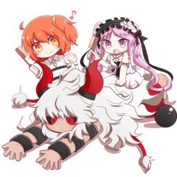Rule 34 | 1boy, 2girls, asterios (fate), black sclera, colored sclera, cuffs, euryale (fate), fate/grand order, fate/hollow ataraxia, fate (series), fujimaru ritsuka (female), hair brush, horns, long hair, lying, mane, motiumai, multiple girls, musical note, on stomach, open mouth, orange eyes, purple eyes, purple hair, quaver, red eyes, red hair, scar, shackles, side ponytail, smile, twintails, very long hair, white hair