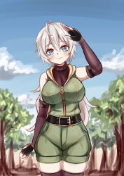 Rule 34 | 1girl, absurdres, ahoge, belt, blush, breasts, bright pupils, detached sleeves, fingerless gloves, forest, gloves, grey hair, highres, jimpu6, large breasts, nature, original, sky, smile, solo, sweater under jacket, thighhighs, thighs, tree, virtual youtuber