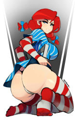 Rule 34 | 1girl, absurdres, ass, dress, feet, from behind, highres, huge ass, no shoes, postblue98, product girl, red hair, short twintails, smug, solo, striped clothes, striped dress, striped thighhighs, thighhighs, thong, twintails, wendy&#039;s, wendy (wendy&#039;s)