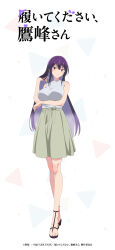 1girl absurdres adjusting_hair artist_request bare_legs bare_shoulders breasts full_body green_skirt haite_kudasai_takamine-san highres large_breasts long_hair looking_at_viewer official_art purple_hair red_eyes sandals simple_background skirt solo takamine_takane white_background