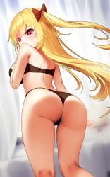 Rule 34 | 1girl, absurdres, arched back, ass, bare arms, bare shoulders, black bra, black panties, blonde hair, bow, bra, breasts, character request, copyright request, from behind, hair bow, highres, large breasts, long hair, looking at viewer, looking back, mole, mole on ass, one side up, panties, red eyes, sbgu, smile, solo, standing, string panties, thighs, underwear
