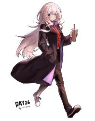 Rule 34 | 1girl, absurdres, animal print, arknights, bird print, black coat, black necktie, black pants, blue eyes, blush, coat, commentary request, cup, dated, disposable cup, drinking straw, gaoling gangqin, hand in own hair, highres, holding, holding cup, long hair, looking at viewer, mulberry (arknights), necktie, pants, red shirt, shirt, shoes, short necktie, simple background, sneakers, solo, very long hair, white background, white hair