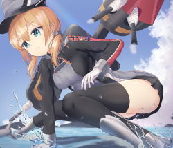 Rule 34 | anchor hair ornament, bad id, bad pixiv id, black thighhighs, blonde hair, blue eyes, blue sky, boots, breasts, closed mouth, cross, day, flat cap, gloves, gun, hair between eyes, hair ornament, hat, highres, iron cross, kantai collection, large breasts, mapi (mapi 9), military, military hat, military uniform, ocean, peaked cap, prinz eugen (kancolle), shoes, sky, solo, thighhighs, thighs, turret, twintails, uniform, water, water drop, weapon, white gloves