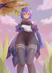 Rule 34 | 1girl, absurdres, bell, black gloves, black leotard, black pantyhose, blue hair, blush, bodystocking, bodysuit, breasts, cameltoe, clothes lift, cloud, covered navel, crotch, detached sleeves, embarrassed, from below, furrowed brow, ganyu (genshin impact), genshin impact, gloves, gold trim, grass, groin, highres, horns, leotard, leotard under clothes, lifting own clothes, ling yuer, long hair, looking at viewer, looking down, medium breasts, neck bell, nose blush, outdoors, pantyhose, pelvic curtain, pelvic curtain lift, purple eyes, sidelocks, solo, standing, thighlet, thighs, tree, waist cape, wavy mouth, white sleeves