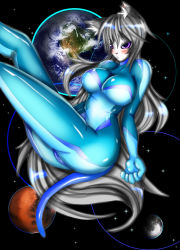 Rule 34 | black hair, black theme, blue theme, blush, breasts, cat, earth (planet), furry, korarubi, kyora, long hair, space, spacesuit, tail