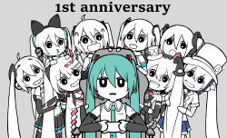 Rule 34 | 6+girls, absurdres, ahoge, anniversary, aqua hair, aqua necktie, bare shoulders, black bow, black eyes, black sleeves, blue skirt, bow, cable, card, chair, controller, detached sleeves, expressionless, game controller, grey background, grin, gyari (imagesdawn) (style), hair bow, hair ornament, hairclip, hat, hatsune miku, headphones, headset, highres, holding, holding controller, holding game controller, japanese clothes, kimono, long hair, looking at another, looking at viewer, magical mirai (vocaloid), magical mirai miku, magical mirai miku (2013), magical mirai miku (2014), magical mirai miku (2015), magical mirai miku (2016), magical mirai miku (2017), magical mirai miku (2018), magical mirai miku (2019), magical mirai miku (2020 summer), mini hat, mini top hat, multiple girls, multiple persona, necktie, open mouth, parody, partially colored, playing card, pouty lips, rennkurusu, shirt, shoulder tattoo, skirt, sleeveless, sleeveless shirt, smile, spade (shape), star (symbol), star hair ornament, style parody, tattoo, top hat, twintails, very long hair, vocaloid, white shirt, wide sleeves, yukata