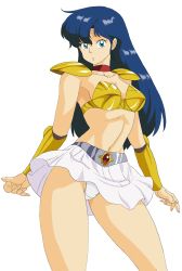 Rule 34 | 1980s (style), 1girl, armor, asou yuuko, bikini armor, blue eyes, blue hair, breasts, cleavage, collarbone, commentary request, cowboy shot, eyelashes, gold armor, highres, long hair, medium breasts, midriff, mugen senshi valis, navel, oggy (oggyoggy), oldschool, open mouth, panties, pantyshot, red ribbon, retro artstyle, ribbon, shoulder pads, skirt, stomach, sword, transparent background, underwear, valis, vambraces, weapon, white panties, white skirt