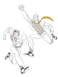 Rule 34 | 1boy, arm up, bokuto koutarou, chengongzi123, chinese commentary, collared jacket, collared shirt, commentary request, formal, full body, grey hair, grey shirt, haikyuu!!, hand up, highres, jacket, long sleeves, looking at viewer, male focus, multiple views, necktie, open mouth, pants, partially colored, reaching, reaching towards viewer, running, saddle shoes, shirt, shoes, short hair, simple background, slit pupils, spot color, suit, thick eyebrows, very short hair, white background, yellow eyes, yellow necktie