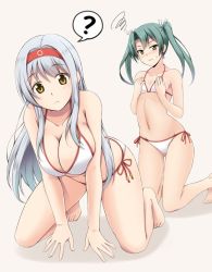 Rule 34 | 10s, 2girls, ?, all fours, barefoot, bikini, blush, breast envy, breasts, breasts squeezed together, brown eyes, cleavage, closed mouth, collarbone, covering privates, covering breasts, flat chest, frown, full body, fuuma nagi, gluteal fold, grey hair, hairband, halterneck, kantai collection, kneeling, large breasts, long hair, looking at viewer, multiple girls, navel, panties, red hairband, shoukaku (kancolle), side-tie bikini bottom, side-tie panties, simple background, spoken question mark, squiggle, string bikini, swimsuit, twintails, underwear, white background, white bikini, white hair, yellow eyes, zuikaku (kancolle)