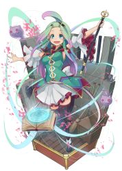 Rule 34 | 1girl, :d, ahoge, black thighhighs, book, broom, detached sleeves, dress, full body, gradient hair, green dress, green eyes, green hair, hair tubes, hairband, highres, knee up, long hair, looking at viewer, magic circle, matching hair/eyes, memento vivi, mouse (animal), multicolored hair, open mouth, original, pink hair, sidelocks, simple background, skirt, smile, solo, standing, standing on one leg, thighhighs, wand, white background, white skirt, wide sleeves, zettai ryouiki