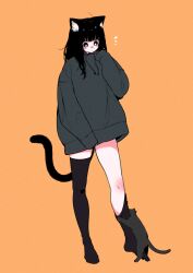 Rule 34 | 1girl, accidental undressing, ahoge, animal ear fluff, black cat, black eyes, black hair, black thighhighs, blush, blush stickers, bottomless, bright pupils, cat, cat girl, cat tail, closed mouth, dot mouth, full body, grey hoodie, hand on own face, highres, hood, hoodie, looking at another, looking down, megateru, no pants, nose blush, notice lines, orange background, original, oversized clothes, single bare leg, sleeves past fingers, sleeves past wrists, solo, tail, thighhighs, undressing another, white pupils