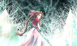 Rule 34 | 1990s (style), 1girl, aerith gainsborough, bow, bracelet, braid, brown hair, cropped jacket, dress, final fantasy, final fantasy vii, forgotten city, green background, green eyes, hair ribbon, highres, jewelry, long dress, long hair, looking back, pink bow, pink dress, retro artstyle, ribbon, sidelocks, single braid, sleeping forest, smile, solo, square enix, staff, very long hair, yakumoreo