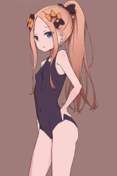 Rule 34 | 1girl, abigail williams (fate), bad id, bad pixiv id, bare arms, bare shoulders, black bow, black one-piece swimsuit, bow, breasts, brown background, commentary request, coraman, covered navel, fate/grand order, fate (series), forehead, hair bow, hand on own hip, high ponytail, highres, light brown hair, long hair, looking at viewer, one-piece swimsuit, orange bow, parted bangs, parted lips, polka dot, polka dot bow, ponytail, school swimsuit, sidelocks, simple background, small breasts, solo, standing, swimsuit, very long hair