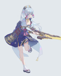 Rule 34 | 1girl, absurdres, armor, armored dress, ayaka (genshin impact), blue eyes, blue hair, blunt bangs, breastplate, breasts, cleavage, closed mouth, full body, genshin impact, hair ornament, hair ribbon, highres, holding, holding sword, holding weapon, japanese armor, japanese clothes, light blue hair, long hair, looking at viewer, medium breasts, mole, ponytail, ribbon, sandals, simple background, skirt, socks, solo, standing, standing on one leg, sword, tabi, tassel, weapon, white background, white socks, youpofen