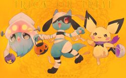 Rule 34 | :d, bandages, blush stickers, brown eyes, clothed pokemon, commentary, creatures (company), fang, game freak, gen 2 pokemon, gen 4 pokemon, gen 6 pokemon, halloween, halloween bucket, happy, holding, inkay, nintendo, no humans, open mouth, pichu, pokemon, pokemon (creature), purple scarf, riolu, scarf, smile, sparkling eyes, trick or treat, yajuuraku