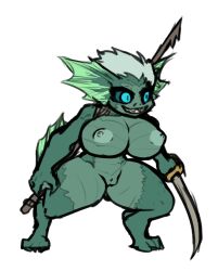 Rule 34 | 1girl, blue eyes, breasts, cleft of venus, colored skin, completely nude, darkest dungeon, fish girl, full body, green skin, harpoon, holding, holding sword, holding weapon, large breasts, monster girl, nipples, nude, open mouth, pussy, saber (weapon), scales, sharp teeth, short hair, solo, standing, sword, teeth, transparent background, weapon, weapon on back, white hair, xelsword
