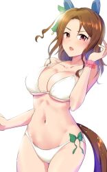 Rule 34 | 1girl, alternate costume, animal ears, bikini, blush, breasts, brown hair, cleavage, collarbone, commentary, cowboy shot, ear covers, forehead, highres, horse ears, horse girl, horse tail, king halo (umamusume), large breasts, looking at viewer, midriff, navel, open mouth, red eyes, scrunchie, simple background, solo, sousakubito, swimsuit, tail, tracen swimsuit, umamusume, wavy hair, white background, white bikini, wrist scrunchie