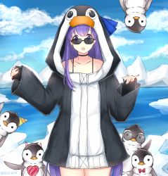 Rule 34 | 1girl, animal, animal hood, bird, black-framed eyewear, black choker, black jacket, blue bow, blue sky, bow, choker, cloud, cloudy sky, collarbone, commentary, cowboy shot, day, fate/grand order, fate (series), heart, hood, hood up, hooded jacket, horns, ice, iceberg, jacket, long hair, long sleeves, looking at viewer, meltryllis, meltryllis (fate), meltryllis (swimsuit lancer) (fate), meltryllis (swimsuit lancer) (first ascension) (fate), open mouth, outdoors, penguin, penguin hood, pinching sleeves, purple eyes, purple hair, rocm (nkkf3785), round eyewear, sky, sleeves past wrists, solo, sunglasses, very long hair, water