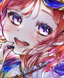 Rule 34 | 1girl, artist name, artist request, blue headwear, blush, breasts, collarbone, constellation, earrings, female focus, hair between eyes, holding, jewelry, looking at viewer, love live!, love live! school idol festival, love live! school idol project, nail, nail polish, nishikino maki, parted lips, purple eyes, red hair, short hair, smile, solo, triangle earrings, upper body, yellow nails