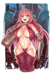 Rule 34 | 1girl, ahoge, aqua eyes, artist name, baggy pants, bandaged arm, bandages, bikini, breasts, covered erect nipples, ddg160, dungeon and fighter, highleg, highleg bikini, highres, holding, holding shield, holding sword, holding weapon, knight (dungeon and fighter), korean commentary, large breasts, long hair, looking at viewer, navel, open mouth, pants, pink hair, red bikini, revision, scar, scarf, shield, signature, smile, solo, sweat, swimsuit, sword, tongue, very long hair, weapon