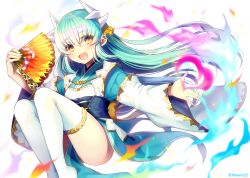 Rule 34 | 1girl, dragon girl, dragon horns, fate/grand order, fate (series), green hair, hand fan, holding, holding fan, horns, japanese clothes, kimono, kiyohime (fate), looking at viewer, minamo25, obi, open mouth, sash, short kimono, smile, solo, thighhighs, white thighhighs, wide sleeves, yellow eyes