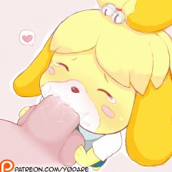 Rule 34 | 1boy, 1girl, animal crossing, animal ears, animal hands, artist name, barefoot, bell, blonde hair, blue skirt, blush, blush stickers, closed eyes, cum, cum in mouth, dog ears, dog girl, erection, fellatio, from above, furry, hair bell, hair ornament, hair tie, hands up, heart, hetero, interspecies, isabelle (animal crossing), jingle bell, lowres, miniskirt, nintendo, nose blush, open mouth, oral, outline, patreon logo, patreon username, penis, pink background, shirt, short hair, short sleeves, simple background, size difference, skirt, solo focus, speech bubble, spoken heart, standing, standing fellatio, tears, testicles, topknot, vest, watermark, web address, white outline, white shirt, yodare