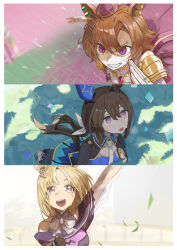 Rule 34 | 3girls, :d, absurdres, admire vega (umamusume), animal ears, arm up, bare shoulders, black gloves, blonde hair, blue dress, blurry, blush, bow, bowtie, brown hair, cape, clothing cutout, confetti, crown, crying, crying with eyes open, dress, ear covers, ear ornament, fingerless gloves, gloves, grass, hair between eyes, hair ornament, hand on own chest, happy, highres, horse ears, horse girl, horse tail, jacket, jewelry, long hair, long sleeves, looking at viewer, low ponytail, mini crown, multiple girls, narita top road (umamusume), necktie, open mouth, orange hair, pink cape, pink eyes, ponytail, purple eyes, ribbon, ring, running, see-through, see-through sleeves, shirt, short hair, single ear cover, smile, sweat, t.m. opera o (umamusume), tail, tail through clothes, tears, teeth, tyaui (xjju4435), umamusume, umamusume: road to the top, upper body, upper teeth only, waving, white gloves, white necktie