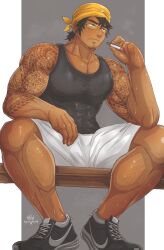 Rule 34 | 1boy, abs, arm tattoo, artist name, bandana, bara, beard stubble, biceps, black hair, cigarette, facial hair, glasses, highres, holding, holding cigarette, looking to the side, male focus, manly, mature male, muscular, muscular male, original, pectorals, peng7499, shoes, shorts, signature, sitting, solo, spiked hair, spread legs, stubble, sweat, sweatdrop, tank top, tattoo, thick arms, thick eyebrows, thick thighs, thighs, tight clothes, tribal tattoo