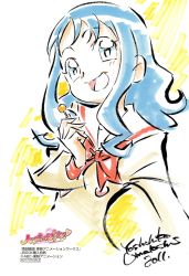 Rule 34 | 10s, 1girl, 2011, :d, artist name, blue eyes, blue hair, candy, dated, food, heartcatch precure!, highres, kurumi erika, lollipop, long hair, looking at viewer, marker (medium), official art, open mouth, precure, signature, simple background, smile, solo, traditional media, umakoshi yoshihiko