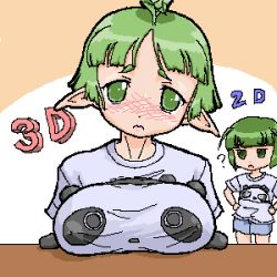 Rule 34 | 2girls, =, blunt bangs, blush, breast rest, breasts, breasts on table, character request, cosplay, elf, flat chest, green eyes, green hair, large breasts, lowres, multiple girls, oekaki, panda, pointy ears, san-x, shirt, short hair, simple background, t-shirt, tarepanda