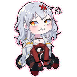 Rule 34 | 1girl, abaresouka, belt, black footwear, black gloves, breasts, chaps, chest strap, chibi, cleavage, clenched teeth, clothing cutout, coat, coat on shoulders, collarbone, commentary, cropped jacket, dog tags, full body, gloves, goddess of victory: nikke, grey hair, hair ornament, hairclip, jacket, long hair, looking to the side, medium breasts, messy hair, navel, red jacket, sharp teeth, sidelocks, simple background, sitting, solo, squiggle, stomach cutout, teeth, white background, white coat, yellow eyes, yulha (nikke)