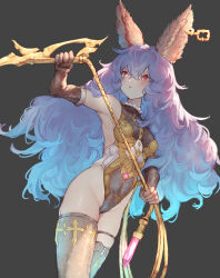 Rule 34 | 1girl, animal ears, athletic leotard, black background, blue hair, breasts, brown gloves, brown thighhighs, commentary, erune, ferry (granblue fantasy), gloves, gradient hair, granblue fantasy, hair between eyes, highres, holding, holding whip, leotard, long hair, looking to the side, medium breasts, multicolored hair, red eyes, rou (rou22), sideless leotard, sideless outfit, simple background, single glove, solo, thighhighs, thighs