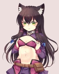 Rule 34 | 10s, 1girl, :t, animal ear fluff, animal ears, beads, belt, bikini, bikini top only, black hair, breast conscious, breasts squeezed together, breasts, cat ears, cleavage, collar, commentary request, green eyes, hair beads, hair between eyes, hair bobbles, hair ornament, hair tubes, isekai maou to shoukan shoujo no dorei majutsu, long hair, miniskirt, mohuta1203, navel, pouch, pout, purple bikini, purple skirt, rem galleu, skirt, small breasts, solo, standing, swimsuit, upper body