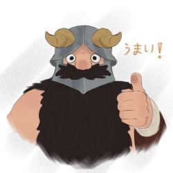Rule 34 | 1boy, beard, brown hair, cropped torso, dungeon meshi, dwarf, facial hair, fake horns, gale (epsgale), helmet, highres, horned helmet, horns, long beard, looking at viewer, male focus, mustache, senshi (dungeon meshi), solo, straight-on, thick mustache, thumbs up, translation request, very long beard