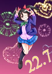 Rule 34 | 1girl, artist name, artist request, black hair, black thighhighs, blazer, blue jacket, blush, bow, bowtie, buttons, cardigan, double w, female focus, fireworks, full body, hair bow, highres, jacket, krisoyo, long sleeves, looking at viewer, love live!, love live! school idol project, nico nico nii, one eye closed, pleated skirt, red bow, red eyes, school uniform, shirt, shoes, short hair, short twintails, skirt, smile, solo, standing, standing on one leg, thighhighs, twintails, w, white shirt, yazawa nico, zettai ryouiki