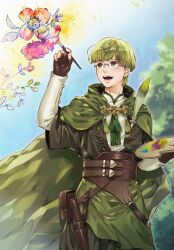 Rule 34 | 1boy, blunt bangs, brown eyes, color guide, fire emblem, fire emblem: three houses, flower, green hair, highres, ignatz victor, kunio92031 o, leaf, male focus, nintendo, open mouth, paintbrush, quill, solo, teeth, tree